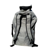 A grey waterproof dry backpack with a capacity of 40L, featuring strong carry handles, welded seams, and a non-waterproof external front pouch pocket. It is designed for bodyboarding and other water activities available at A black Dry Life waterproof backpack with a capacity of 21L, featuring a roll-top closure and side straps available at https://bodyboard-depot.com/