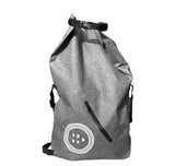 A grey waterproof dry backpack with a capacity of 40L, featuring strong carry handles, welded seams, and a non-waterproof external front pouch pocket. It is designed for bodyboarding and other water activities available at A black Dry Life waterproof backpack with a capacity of 21L, featuring a roll-top closure and side straps available at https://bodyboard-depot.com/
